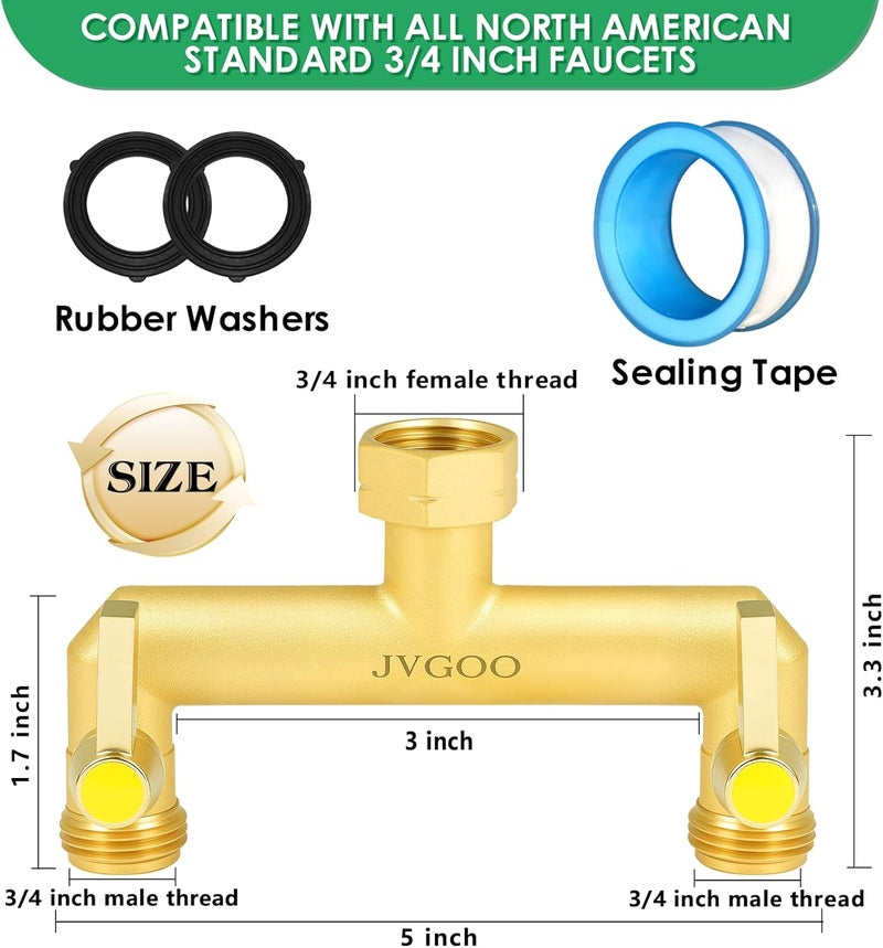 Jvgoo Garden Hose Splitter, Brass 2 Way Hose Splitter, 3/4" Water Hose Splitter 2 Way Heavy Duty with Metal Shutoff Valve and Extension Handle, Outdoor Faucet Splitter Water Spigot Splitter Manifold - Image 2